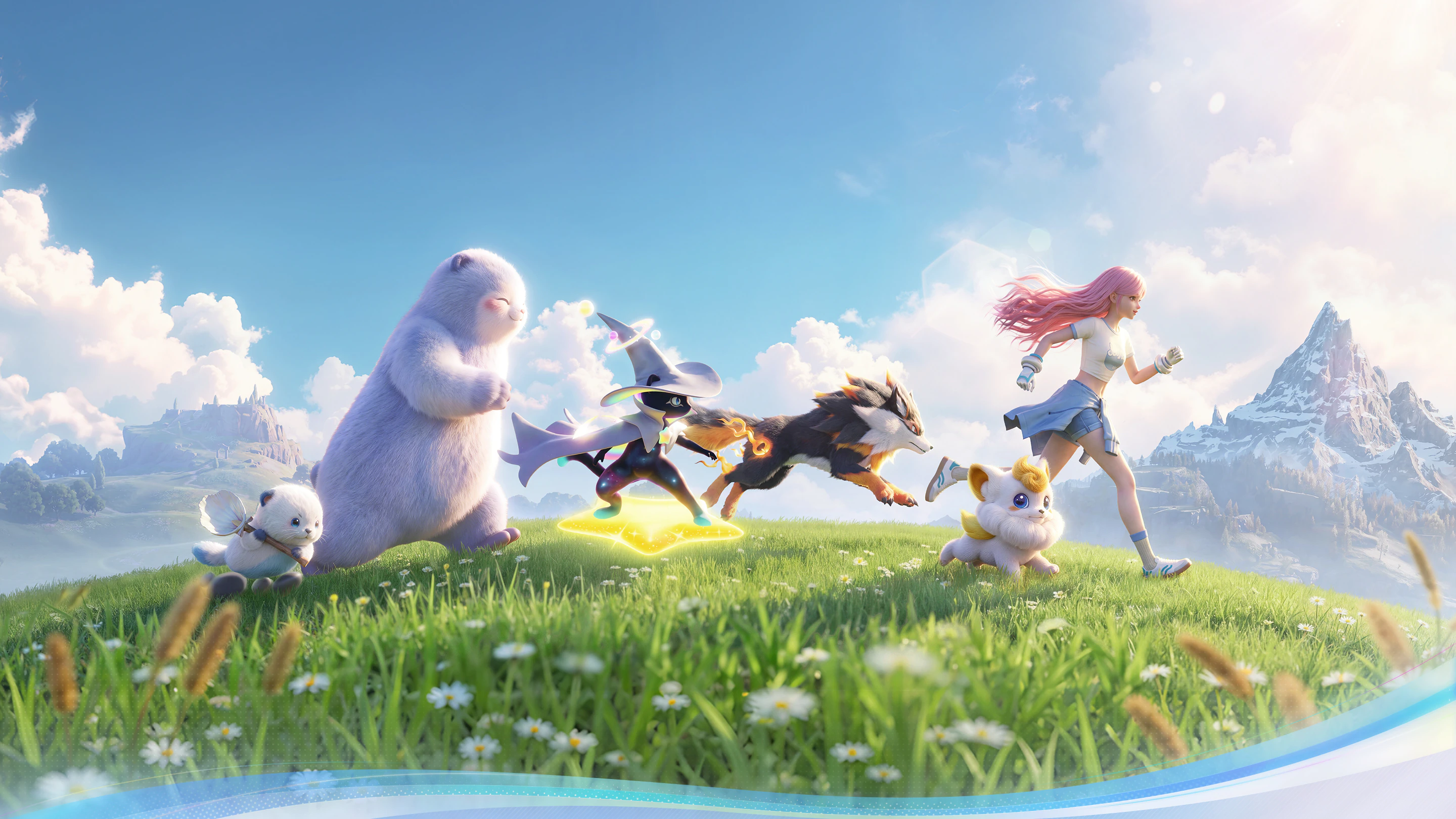 Une exploratrice et ses compagnons Aniimo traversent les prairies d’Idyll